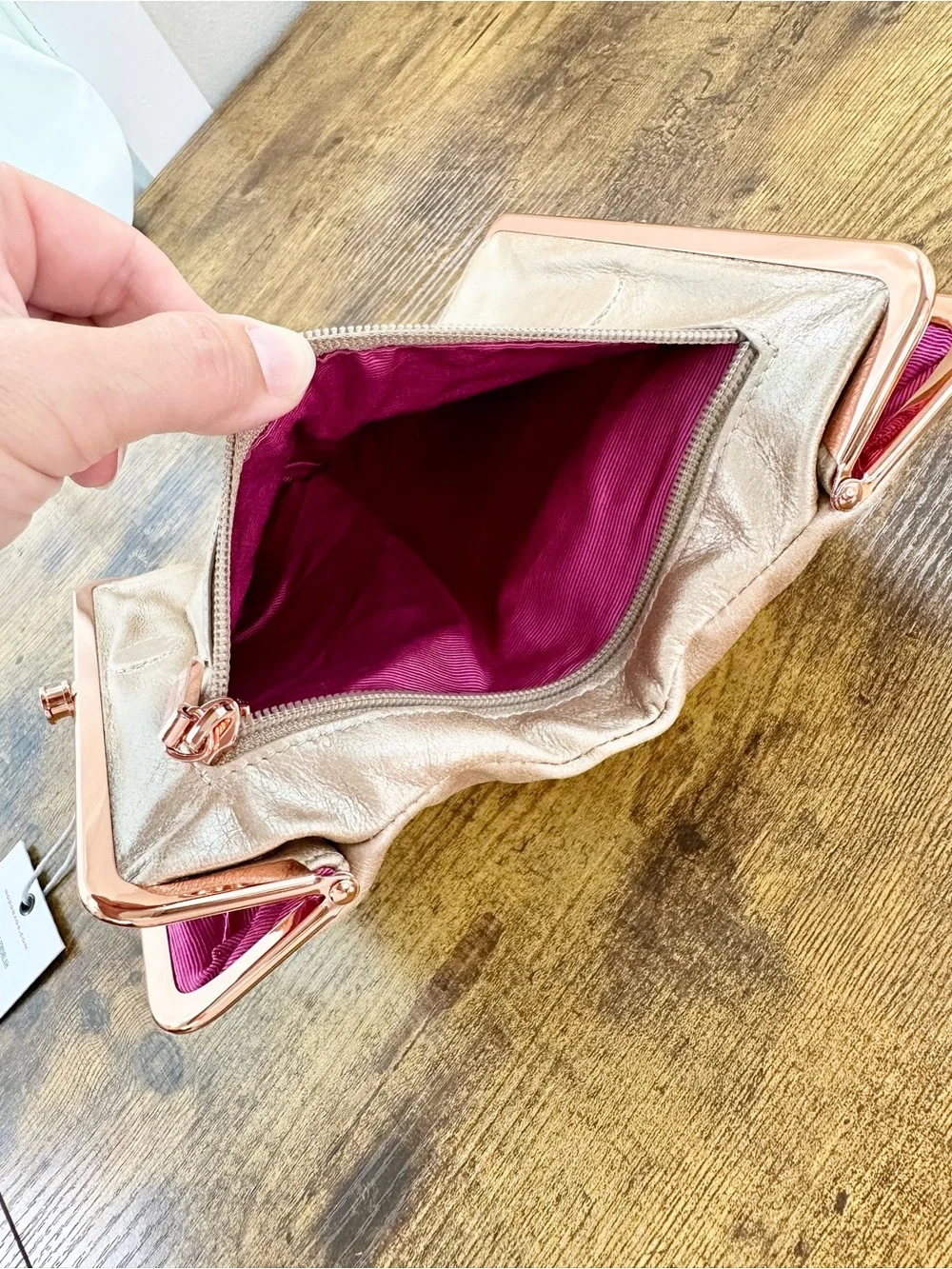 Hobo Lauren Clutch Wallet, Double Kisslock, Blush Leather, Rose Gold Hardware